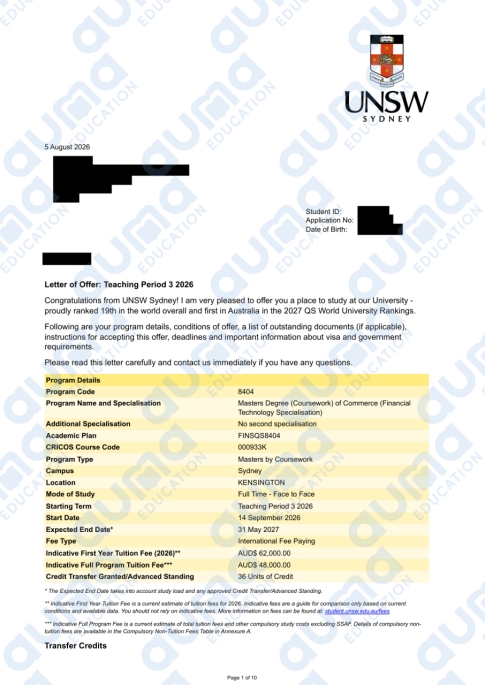 新南威尔士大学｜商学硕士（金融科技方向）