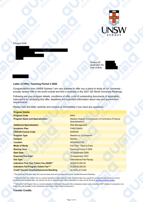 新南威尔士大学｜商学硕士（金融与风险管理方向）